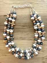 Load image into Gallery viewer, Zanzibar Coast triple strand statement necklace, jewelry set silver navy blue gray tan champagne white beaded jewelry, chunky bib statement