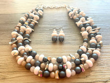 Load image into Gallery viewer, Zanzibar Coast triple strand statement necklace, jewelry set silver navy blue gray tan champagne white beaded jewelry, chunky bib statement