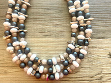 Load image into Gallery viewer, Zanzibar Coast triple strand statement necklace, jewelry set silver navy blue gray tan champagne white beaded jewelry, chunky bib statement