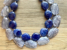 Load image into Gallery viewer, Blue Ombré Double Strand Statement Necklace, Chunky Royal Blue Oval crackle Beaded Bib Jewelry, dark blue jewlery necklace earrings