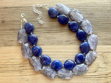 Load image into Gallery viewer, Blue Ombré Double Strand Statement Necklace, Chunky Royal Blue Oval crackle Beaded Bib Jewelry, dark blue jewlery necklace earrings