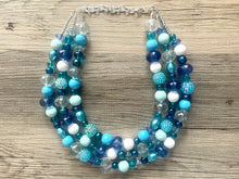 Load image into Gallery viewer, Deja Blue Statement Necklace, chunky bib beaded jewelry, navy royal blue necklace, dark blue beaded acrylic jewelry white mint sky blue