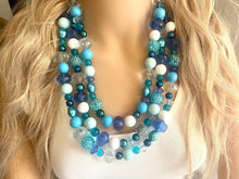 Load image into Gallery viewer, Deja Blue Statement Necklace, chunky bib beaded jewelry, navy royal blue necklace, dark blue beaded acrylic jewelry white mint sky blue