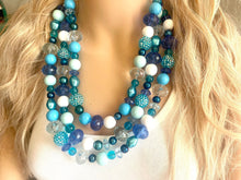 Load image into Gallery viewer, Deja Blue Statement Necklace, chunky bib beaded jewelry, navy royal blue necklace, dark blue beaded acrylic jewelry white mint sky blue