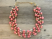 Load image into Gallery viewer, Chunky Multi Strand Coral Statement Necklace, pink gray champagne beaded jewelry, peach necklace, coral jewelry, peach bridesmaid, dressy