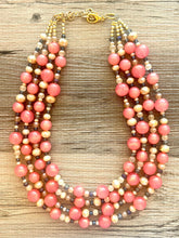 Load image into Gallery viewer, Chunky Multi Strand Coral Statement Necklace, pink gray champagne beaded jewelry, peach necklace, coral jewelry, peach bridesmaid, dressy
