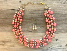 Load image into Gallery viewer, Chunky Multi Strand Coral Statement Necklace, pink gray champagne beaded jewelry, peach necklace, coral jewelry, peach bridesmaid, dressy