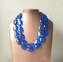 Load image into Gallery viewer, Dark Blue Double Strand Statement Necklace,  Chunky Royal Blue Oval Beaded Bib Jewelry earrings, blue jewelry set, royal blue