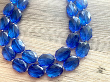Load image into Gallery viewer, Dark Blue Double Strand Statement Necklace,  Chunky Royal Blue Oval Beaded Bib Jewelry earrings, blue jewelry set, royal blue