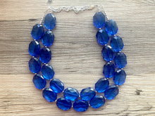 Load image into Gallery viewer, Dark Blue Double Strand Statement Necklace,  Chunky Royal Blue Oval Beaded Bib Jewelry earrings, blue jewelry set, royal blue