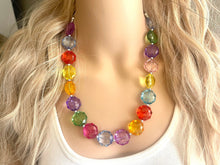 Load image into Gallery viewer, Rainbow Statement Necklace, candy chunky multi-strand jewelry, yellow red green sky blue necklace, single strand silver necklace