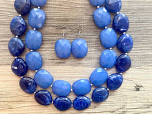 Load image into Gallery viewer, Royal Blue Double Strand Statement Necklace, Chunky Royal Blue Oval Beaded Bib Jewelry, blue jewelry, dark blue jewlery necklace earrings