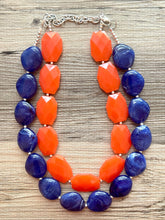 Load image into Gallery viewer, Blue & Orange Necklace, multi strand jewelry, big beaded chunky statement necklace, blue necklace, bridesmaid necklace, bib necklace, orange