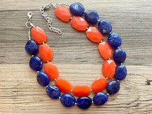 Load image into Gallery viewer, Blue & Orange Necklace, multi strand jewelry, big beaded chunky statement necklace, blue necklace, bridesmaid necklace, bib necklace, orange