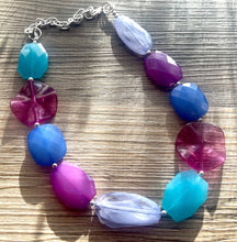 Load image into Gallery viewer, Mermaid chunky necklace, turquoise blue beaded jewelry, resin beaded periwinkle necklace, pink beaded necklace, royal purple lavender