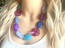 Load image into Gallery viewer, Mermaid chunky necklace, turquoise blue beaded jewelry, resin beaded periwinkle necklace, pink beaded necklace, royal purple lavender