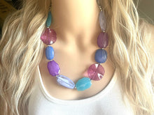 Load image into Gallery viewer, Mermaid chunky necklace, turquoise blue beaded jewelry, resin beaded periwinkle necklace, pink beaded necklace, royal purple lavender