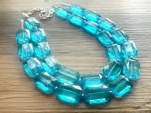 Load image into Gallery viewer, Teal Big Beaded Statement Necklace, beaded jewelry, blue jewelry, teal beaded necklace, turquoise jewelry, blue necklace, chunky beaded bib