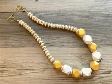 Load image into Gallery viewer, Gold & White Chunky Long Statement Necklace, long gold necklace, beaded long necklace, white wood beaded statement jewelry