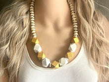 Load image into Gallery viewer, Gold & White Chunky Long Statement Necklace, long gold necklace, beaded long necklace, white wood beaded statement jewelry
