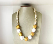 Load image into Gallery viewer, Gold & White Chunky Long Statement Necklace, long gold necklace, beaded long necklace, white wood beaded statement jewelry