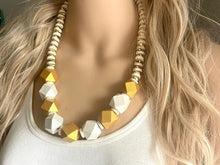 Load image into Gallery viewer, Gold & White Chunky Long Statement Necklace, long gold necklace, beaded long necklace, white wood beaded statement jewelry