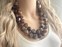 Load image into Gallery viewer, Chocolate Chunky Storm Statement Necklace, Big beaded jewelry, Double Strand Geometric Brown smoke Bib necklace bridesmaid wedding silver