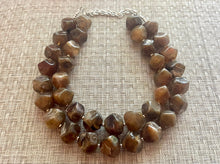 Load image into Gallery viewer, Chocolate Chunky Storm Statement Necklace, Big beaded jewelry, Double Strand Geometric Brown smoke Bib necklace bridesmaid wedding silver