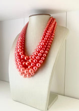 Load image into Gallery viewer, Five Strand WATERMELON chunky statement necklace & earrings, big bead jewelry gifts for women, bib jewelry pearl coral red pink beaded