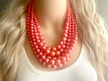 Load image into Gallery viewer, Five Strand WATERMELON chunky statement necklace & earrings, big bead jewelry gifts for women, bib jewelry pearl coral red pink beaded
