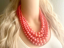 Load image into Gallery viewer, Five Strand WATERMELON chunky statement necklace & earrings, big bead jewelry gifts for women, bib jewelry pearl coral red pink beaded