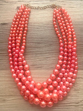 Load image into Gallery viewer, Five Strand WATERMELON chunky statement necklace & earrings, big bead jewelry gifts for women, bib jewelry pearl coral red pink beaded
