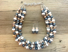 Load image into Gallery viewer, Zanzibar Coast triple strand statement necklace, jewelry set silver navy blue gray tan champagne white beaded jewelry, chunky bib statement