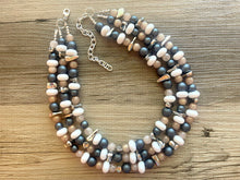 Load image into Gallery viewer, Zanzibar Coast triple strand statement necklace, jewelry set silver navy blue gray tan champagne white beaded jewelry, chunky bib statement