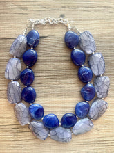 Load image into Gallery viewer, Blue Ombré Double Strand Statement Necklace, Chunky Royal Blue Oval crackle Beaded Bib Jewelry, dark blue jewlery necklace earrings