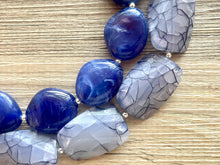 Load image into Gallery viewer, Blue Ombré Double Strand Statement Necklace, Chunky Royal Blue Oval crackle Beaded Bib Jewelry, dark blue jewlery necklace earrings