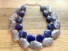 Load image into Gallery viewer, Blue Ombré Double Strand Statement Necklace, Chunky Royal Blue Oval crackle Beaded Bib Jewelry, dark blue jewlery necklace earrings