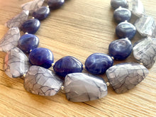 Load image into Gallery viewer, Blue Ombré Double Strand Statement Necklace, Chunky Royal Blue Oval crackle Beaded Bib Jewelry, dark blue jewlery necklace earrings