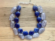 Load image into Gallery viewer, Blue Ombré Double Strand Statement Necklace, Chunky Royal Blue Oval crackle Beaded Bib Jewelry, dark blue jewlery necklace earrings