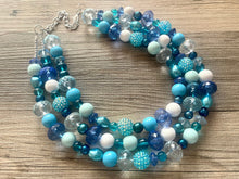 Load image into Gallery viewer, Deja Blue Statement Necklace, chunky bib beaded jewelry, navy royal blue necklace, dark blue beaded acrylic jewelry white mint sky blue