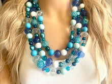 Load image into Gallery viewer, Deja Blue Statement Necklace, chunky bib beaded jewelry, navy royal blue necklace, dark blue beaded acrylic jewelry white mint sky blue