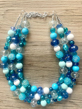 Load image into Gallery viewer, Deja Blue Statement Necklace, chunky bib beaded jewelry, navy royal blue necklace, dark blue beaded acrylic jewelry white mint sky blue
