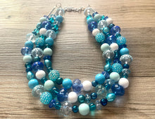 Load image into Gallery viewer, Deja Blue Statement Necklace, chunky bib beaded jewelry, navy royal blue necklace, dark blue beaded acrylic jewelry white mint sky blue