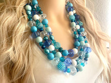 Load image into Gallery viewer, Deja Blue Statement Necklace, chunky bib beaded jewelry, navy royal blue necklace, dark blue beaded acrylic jewelry white mint sky blue