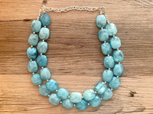 Load image into Gallery viewer, Aqua Blue Double Strand Statement Necklace,  Chunky Royal Blue Oval Beaded Bib Jewelry earrings, blue jewelry set, turquoise jewelry