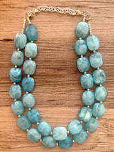 Load image into Gallery viewer, Aqua Blue Double Strand Statement Necklace,  Chunky Royal Blue Oval Beaded Bib Jewelry earrings, blue jewelry set, turquoise jewelry