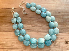 Load image into Gallery viewer, Aqua Blue Double Strand Statement Necklace,  Chunky Royal Blue Oval Beaded Bib Jewelry earrings, blue jewelry set, turquoise jewelry