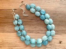 Load image into Gallery viewer, Aqua Blue Double Strand Statement Necklace,  Chunky Royal Blue Oval Beaded Bib Jewelry earrings, blue jewelry set, turquoise jewelry