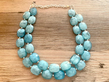 Load image into Gallery viewer, Aqua Blue Double Strand Statement Necklace,  Chunky Royal Blue Oval Beaded Bib Jewelry earrings, blue jewelry set, turquoise jewelry