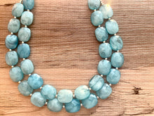 Load image into Gallery viewer, Aqua Blue Double Strand Statement Necklace,  Chunky Royal Blue Oval Beaded Bib Jewelry earrings, blue jewelry set, turquoise jewelry